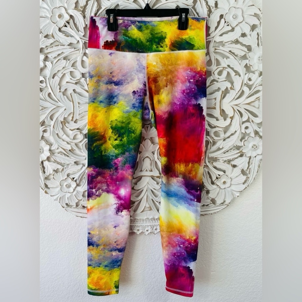 {Cambro} Rainbow Watercolor Paint-Splatter Tie Dye Workout Leggings, Size M